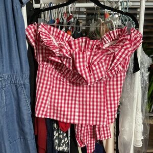 New York & Company Red and White Ruffled Blouse with Versatile Bow Tie. Size XL